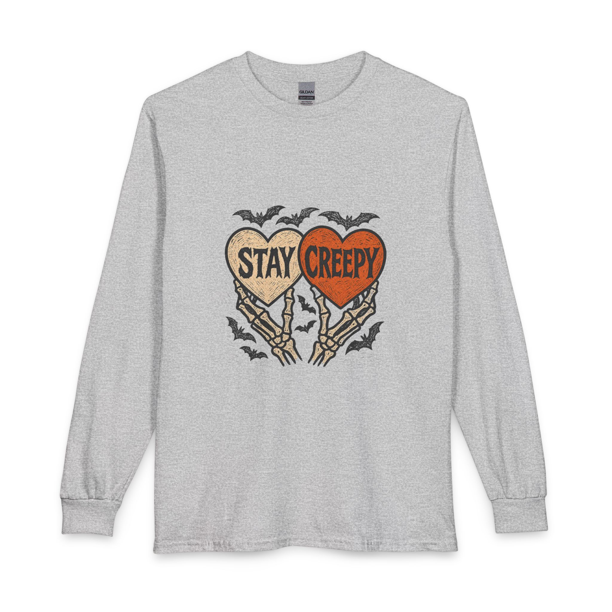 Stay Creepy heart design Long Sleeve Shirt | bats, spooky skeleton hands - Image 2