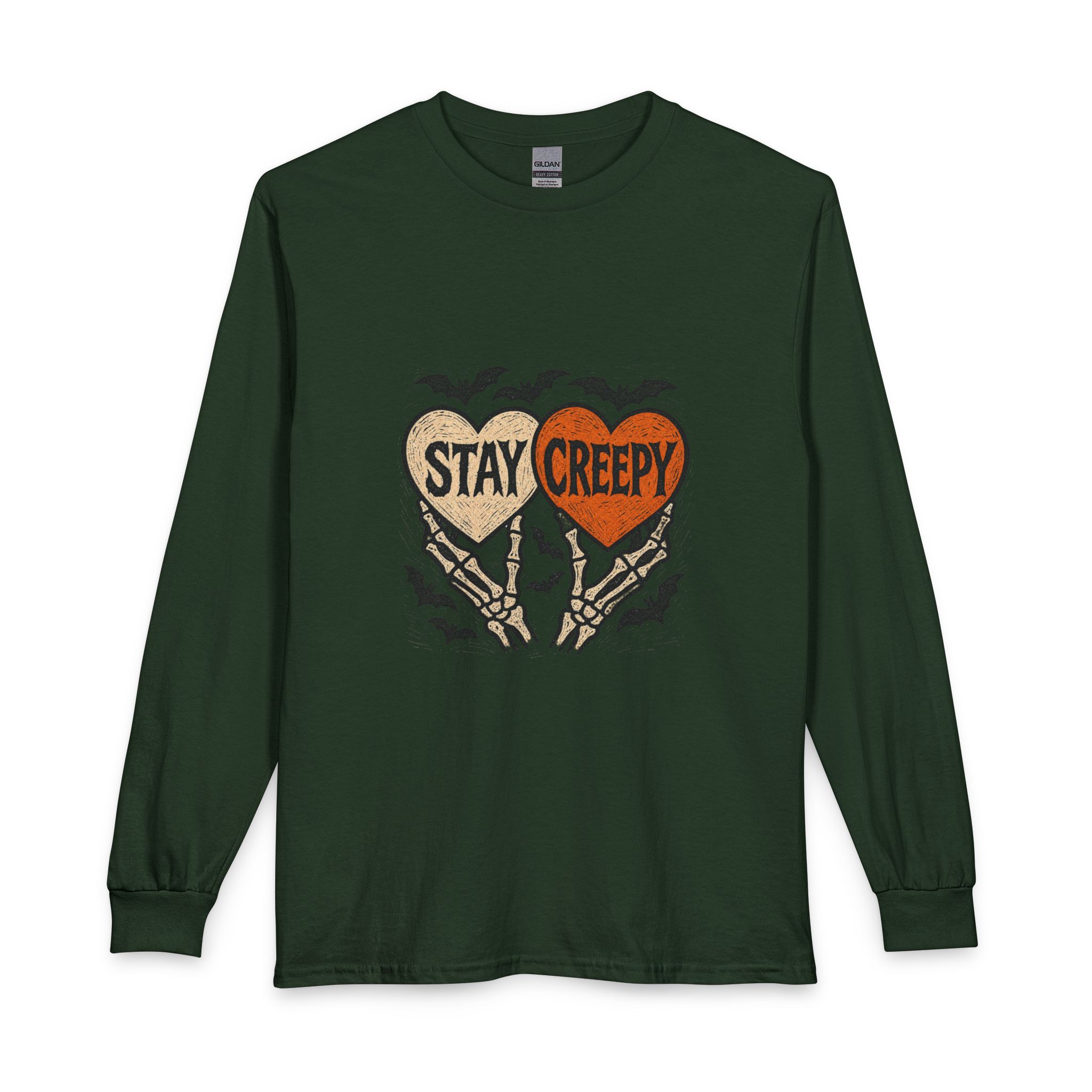 Stay Creepy heart design Long Sleeve Shirt | bats, spooky skeleton hands - Image 3