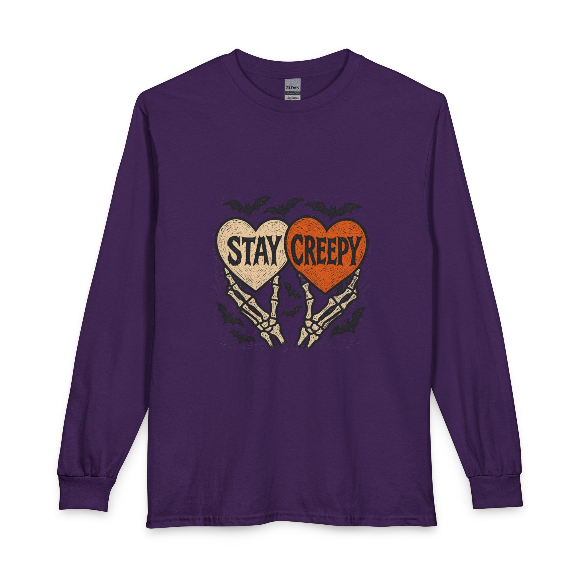 Stay Creepy heart design Long Sleeve Shirt | bats, spooky skeleton hands - Image 4