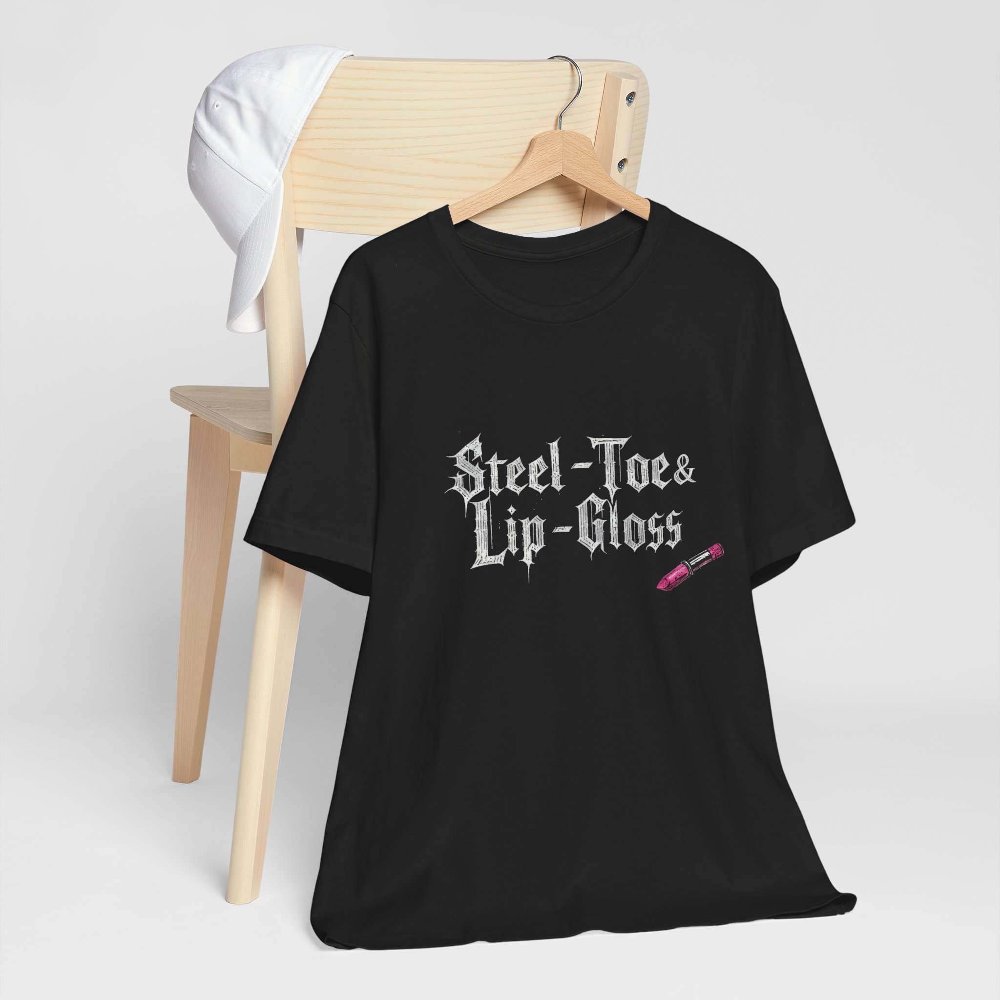 Steel-Toe & Lip-Gloss Tee | Gothic Script, Lipstick Graphic - Image 4